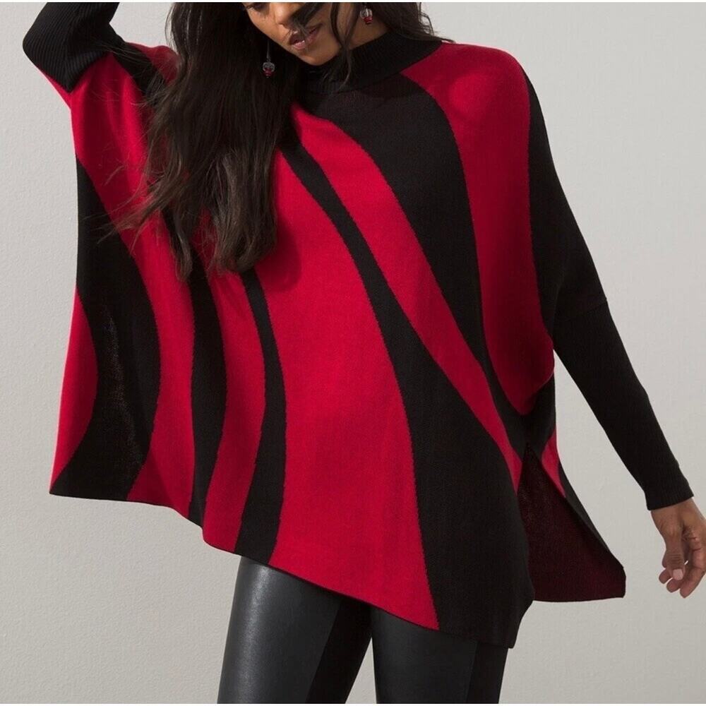 Chico's Mock Neck Sweater Poncho Long Sleeves Red & Black Women's Small Medium